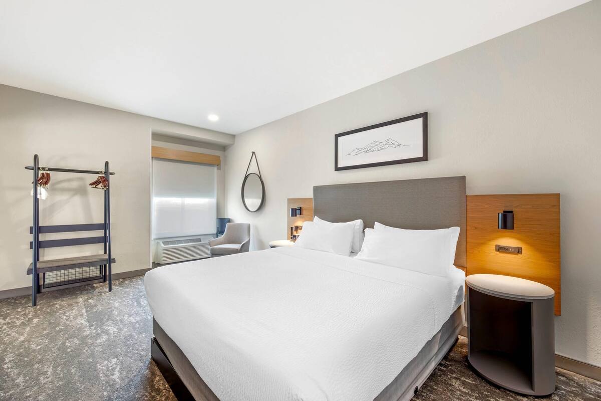 A modern hotel room with a large bed, a bedside table, a wall-mounted light, and a framed picture.