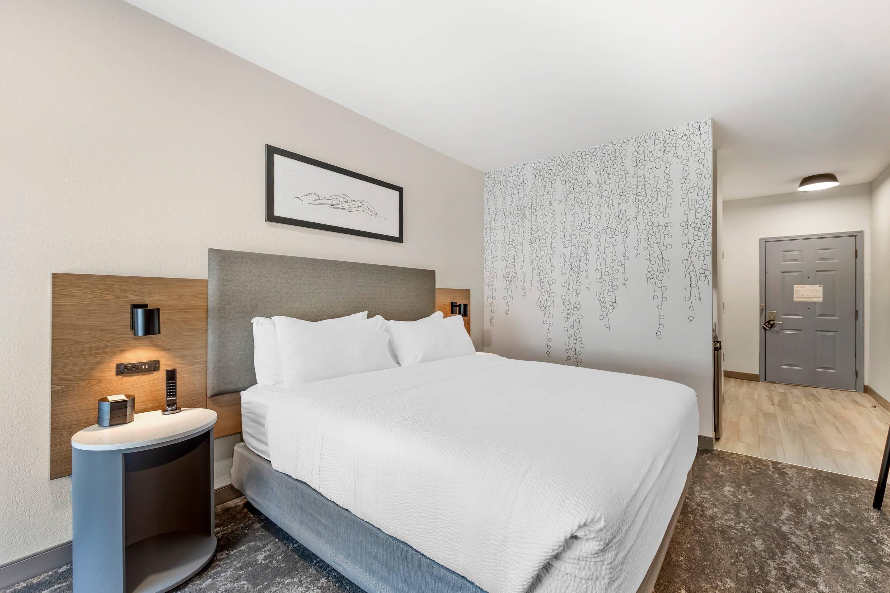 Une chambre d’hôtel moderne avec un grand lit, des tables de chevet avec des lampes, une œuvre d’art encadrée au-dessus du lit et un panneau décoratif sur le mur.