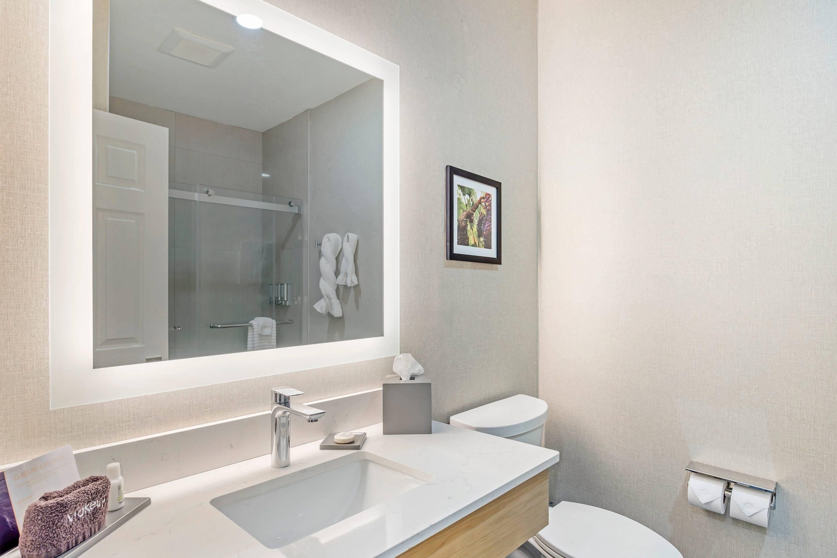 A modern bathroom with a large mirror, a sink, a toilet, and a framed picture on the wall.