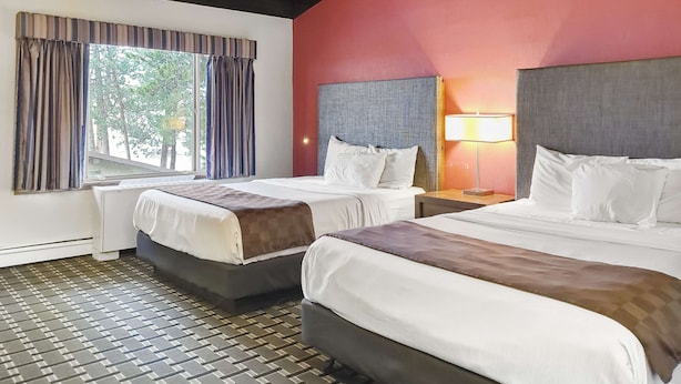 A hotel room with two beds, a window with curtains, a radiator, and a lamp on the nightstand.