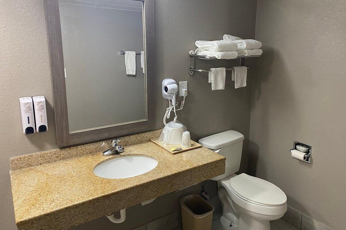 A bathroom with a granite countertop sink, a mirror, a hair dryer, a towel rack, and a toilet.