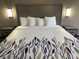 Habitación de hotel con cama, ropa blanca de cama, colcha estampada, dos mesitas de noche e iluminación mural.