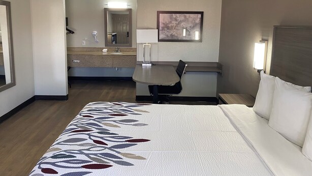 A hotel room with a bed, a desk, a chair, a sink, and a mirror. - Red Roof Inn Jacksonville, AL  (Jacksonville)
