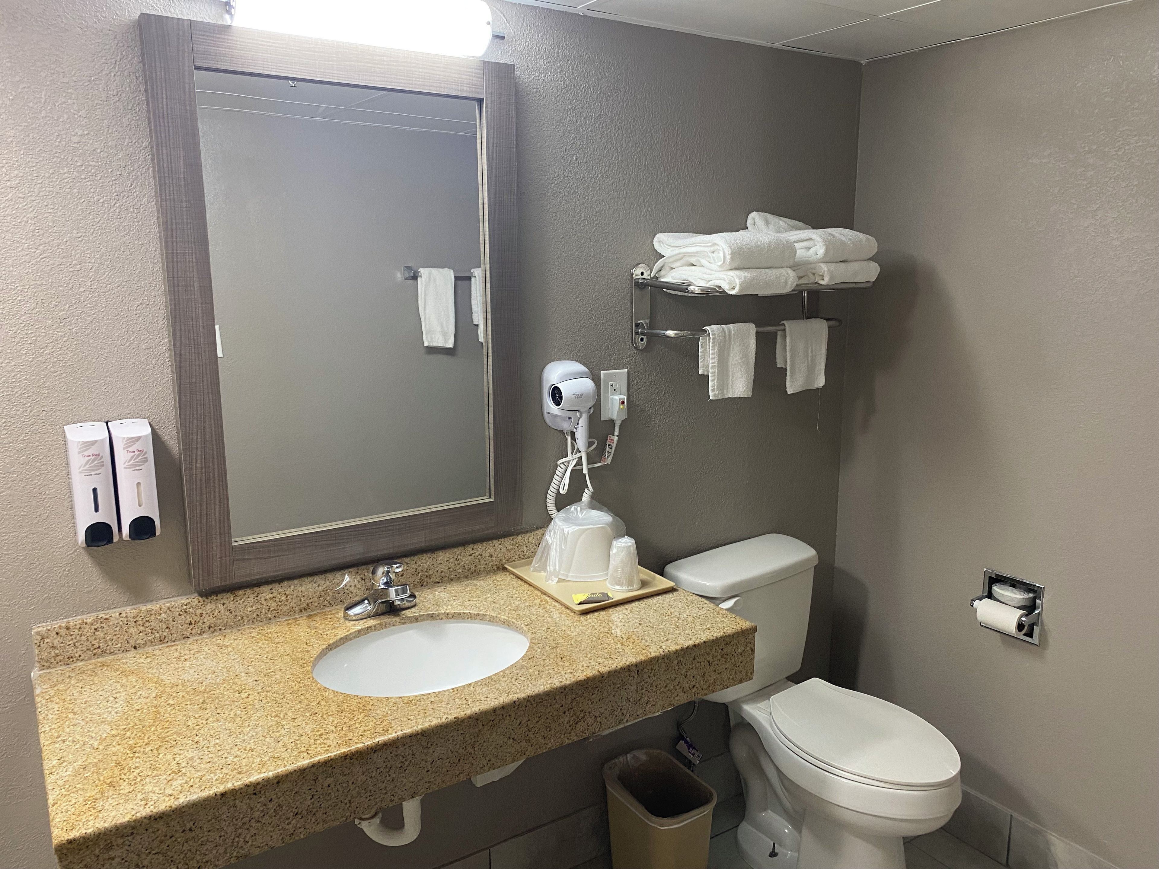 A bathroom with a granite countertop sink, a mirror, a hairdryer, a towel rack, and a toilet.