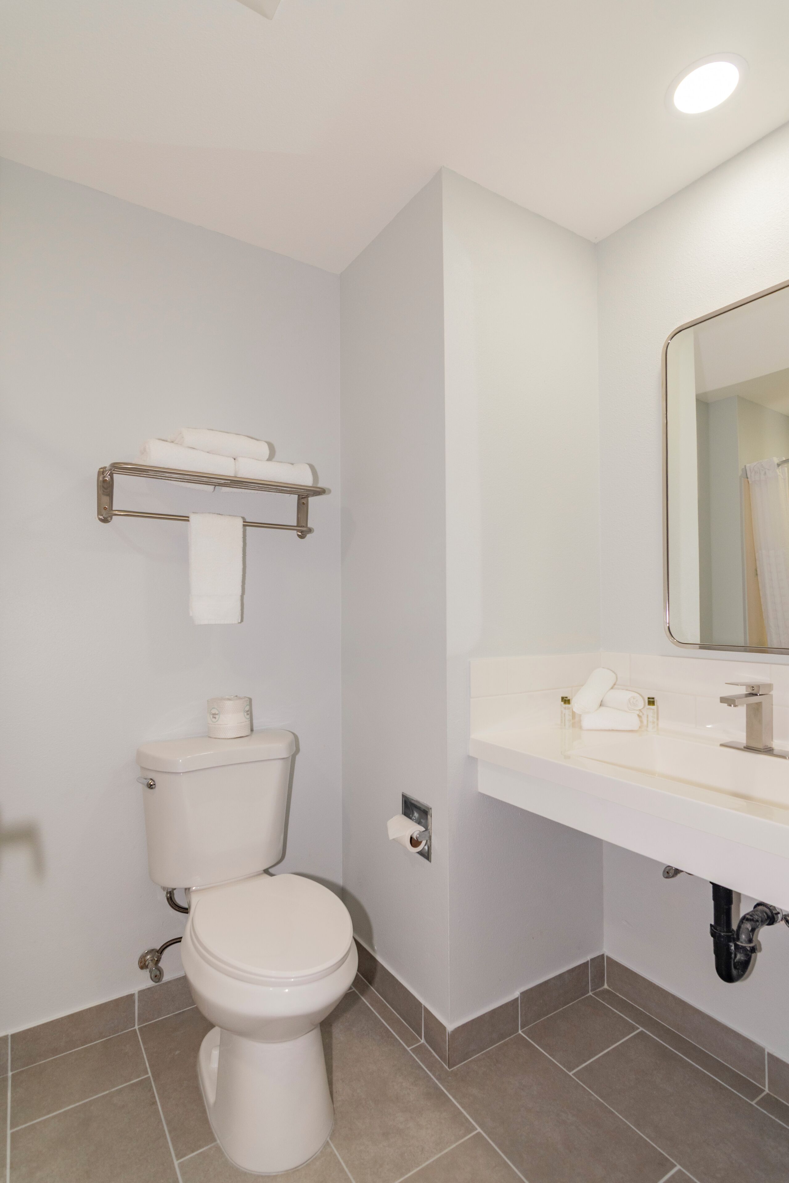 Un baño con inodoro, toallero, espejo y lavabo.