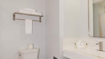 Un baño con inodoro, toallero, espejo y lavabo.