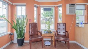 A room with two leather chairs, a small table with a plant, and a window with blinds.