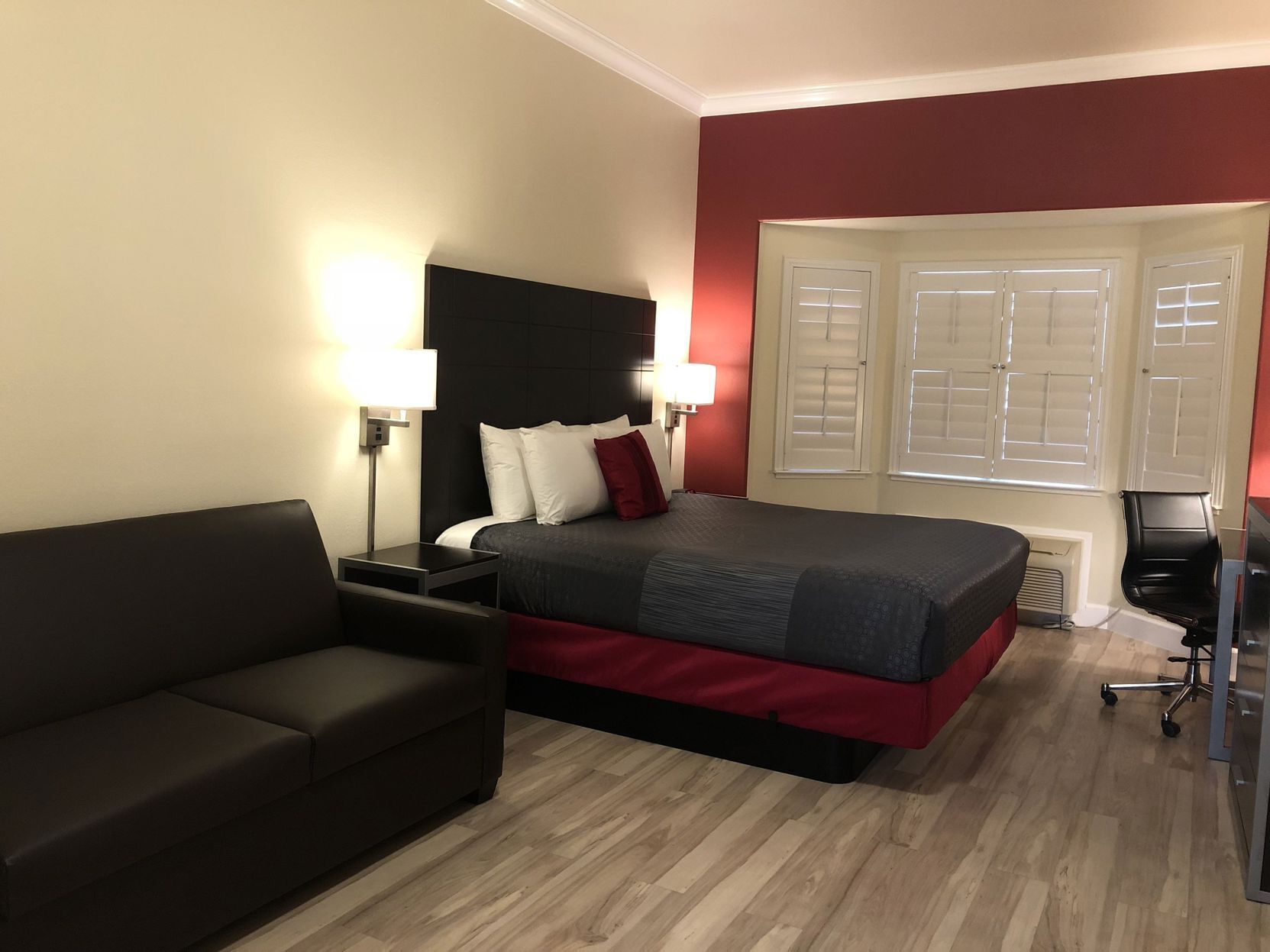Desk, laptop workspace, blackout curtains, iron/ironing board