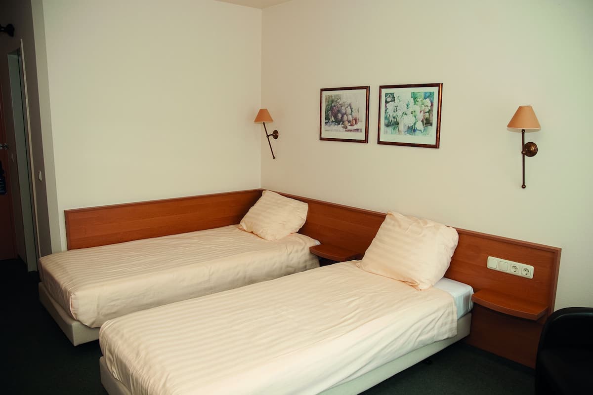 A hotel room with two single beds, a wooden headboard, a nightstand, a lamp, and two framed pictures on the wall.