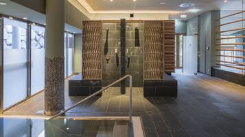 Indoor pool, outdoor pool, pool umbrellas, sun loungers