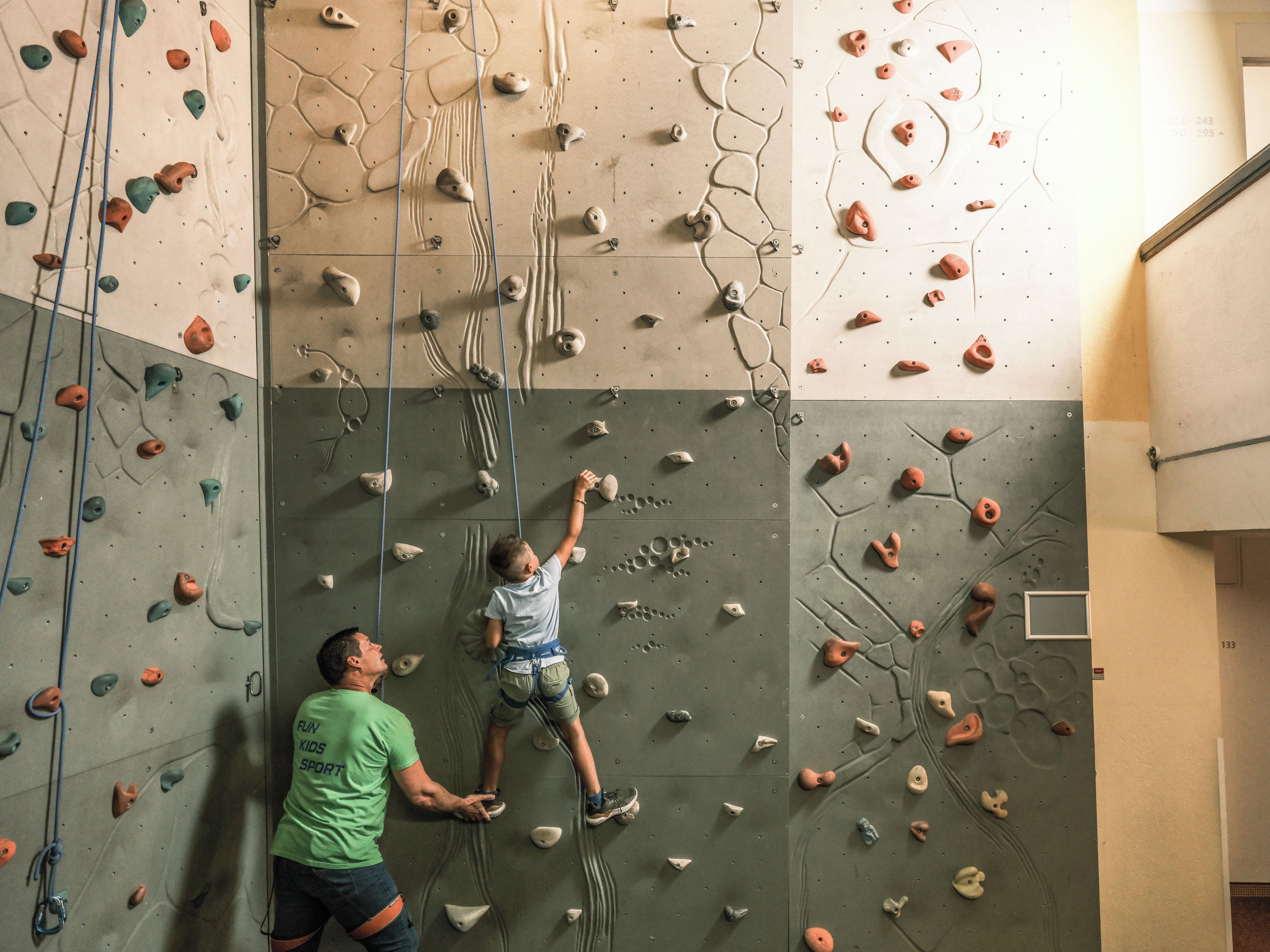 Una pared de escalada con múltiples puntos de agarre y una persona escalando.