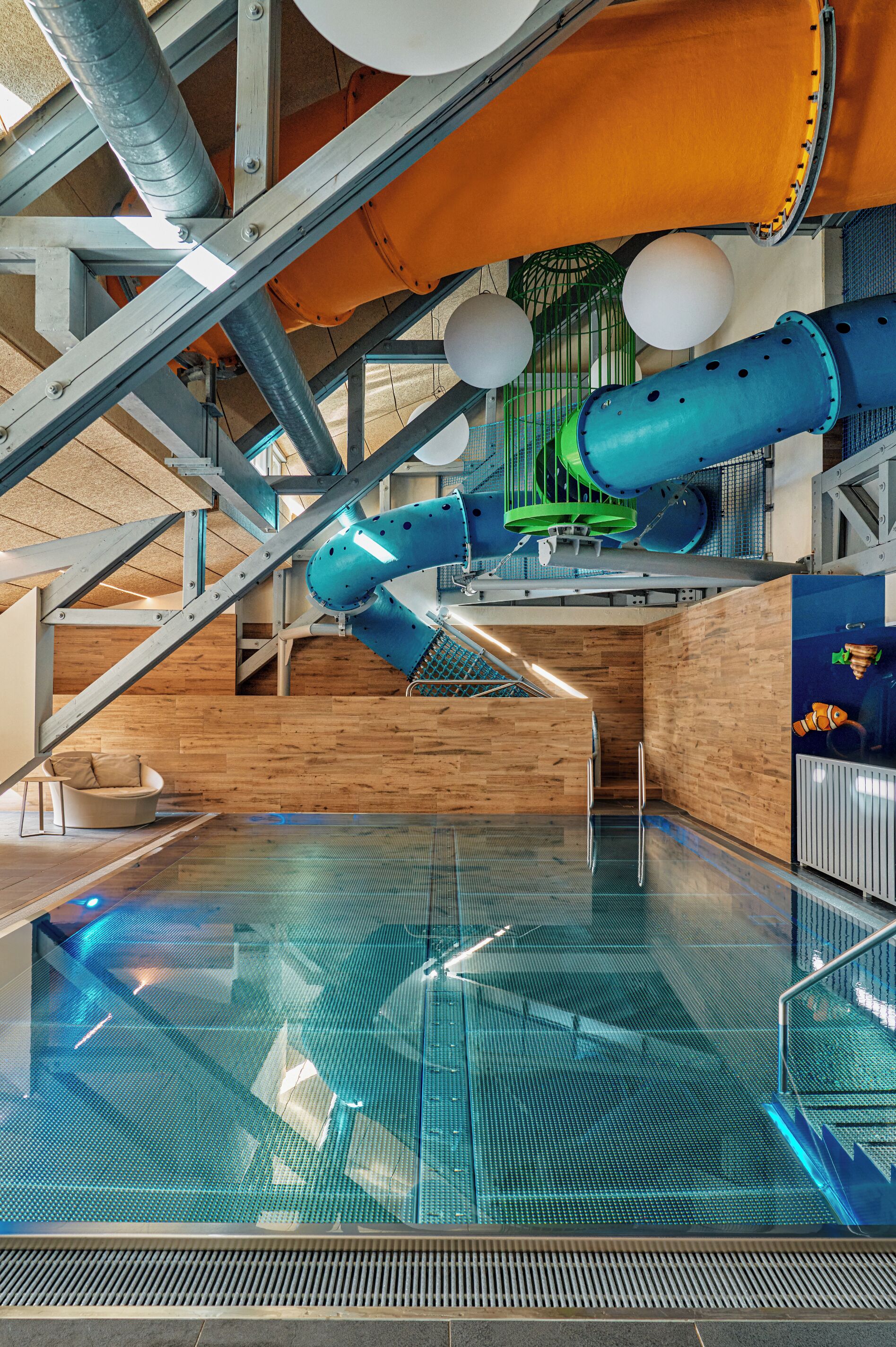 Indoor pool, outdoor pool, pool umbrellas, pool loungers