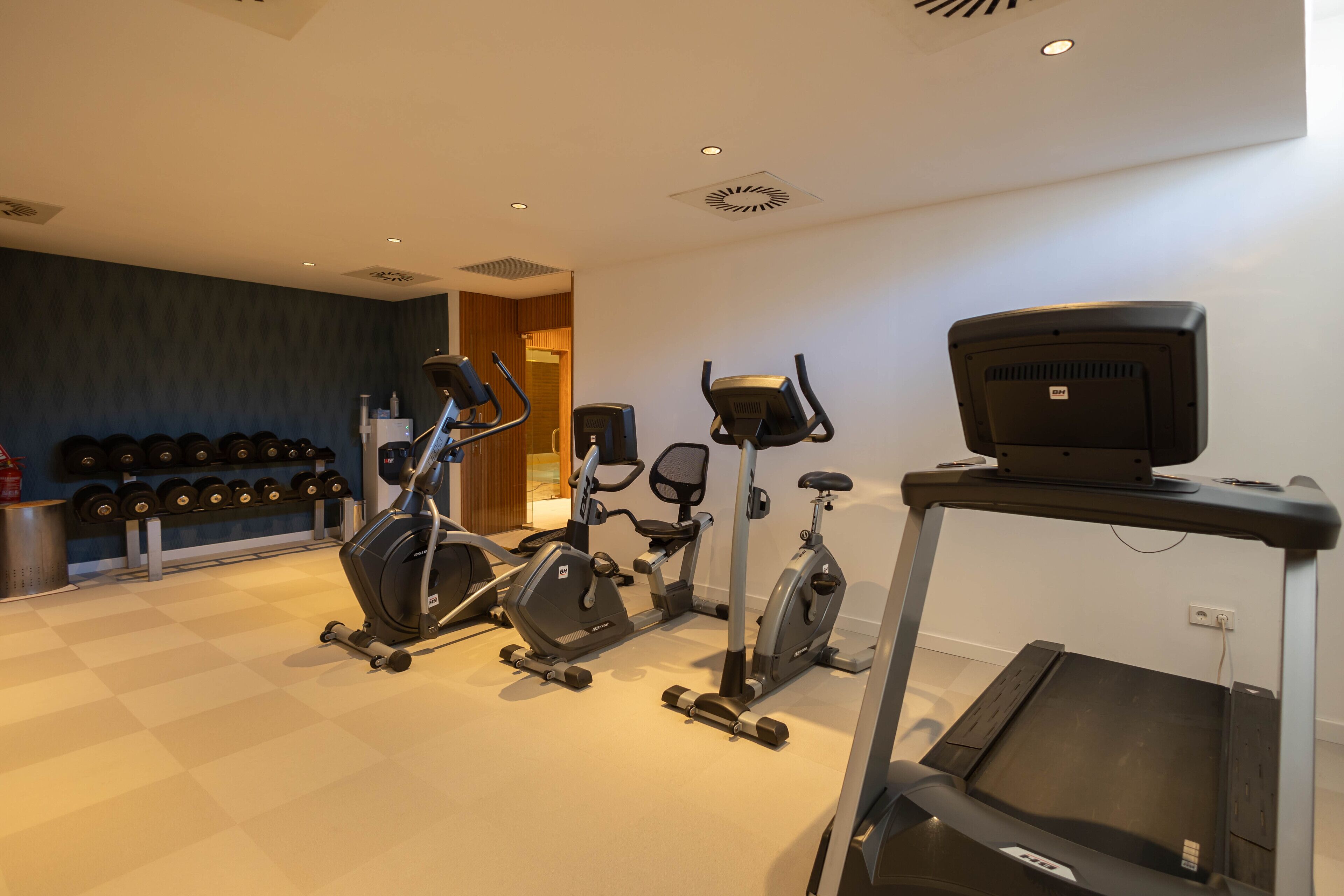 Un gimnasio en casa con diferentes equipos de ejercicio, incluyendo cintas de correr, bicicletas estáticas y mancuernas.