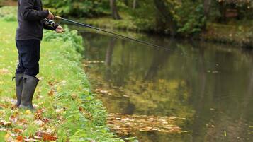 Una persona pescando en un río tranquilo rodeado de follaje otoñal.
