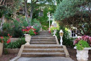Una escalera de piedra rodeada de abundante follaje y plantas florecientes.