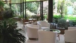 Un espace intérieur lumineux, baigné de soleil, avec des meubles blancs, de grandes fenêtres et de la verdure à l’extérieur.