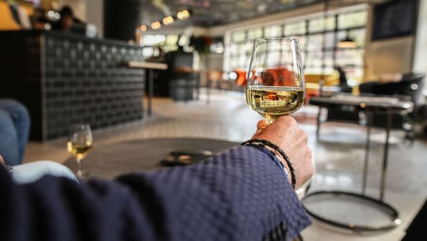 Una persona sosteniendo una copa de vino en un interior moderno, con una zona de bar al fondo.
