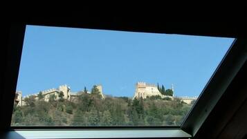 A view through a skylight of a castle-like structure on a hill, surrounded by trees.