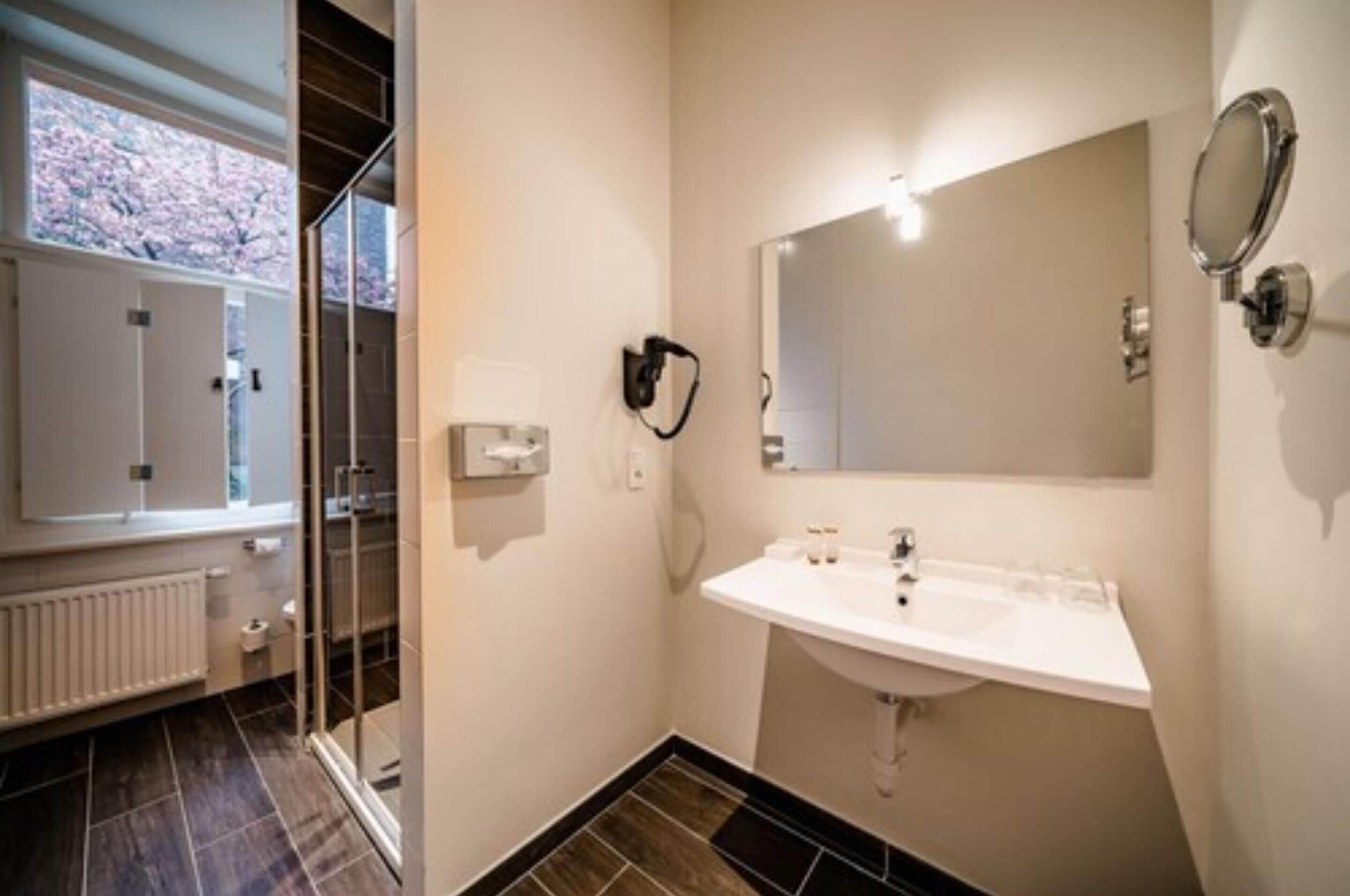 A modern bathroom with a glass shower enclosure, a white sink, and a large mirror.