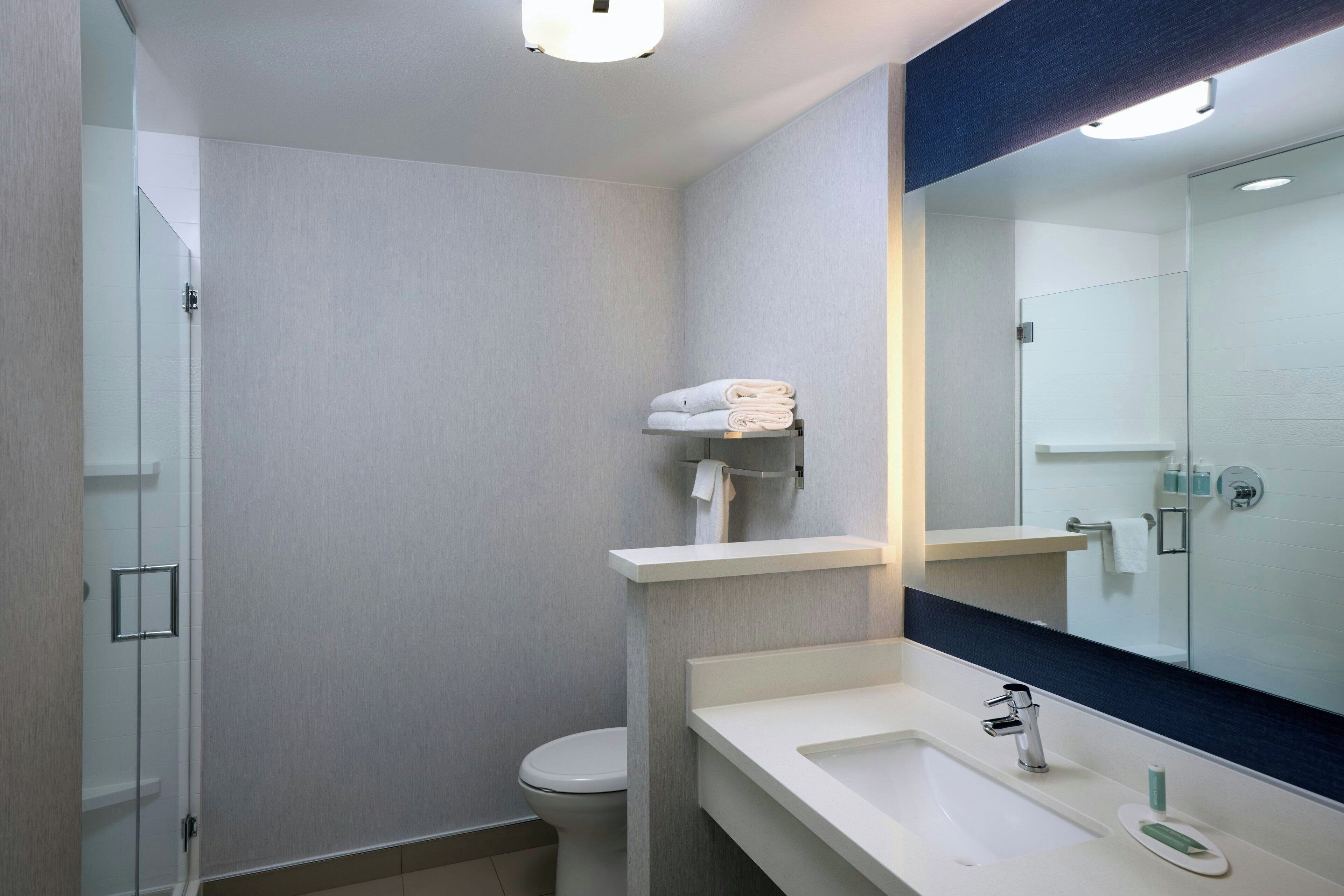 A modern bathroom with a white sink, a mirror, and a glass shower enclosure.