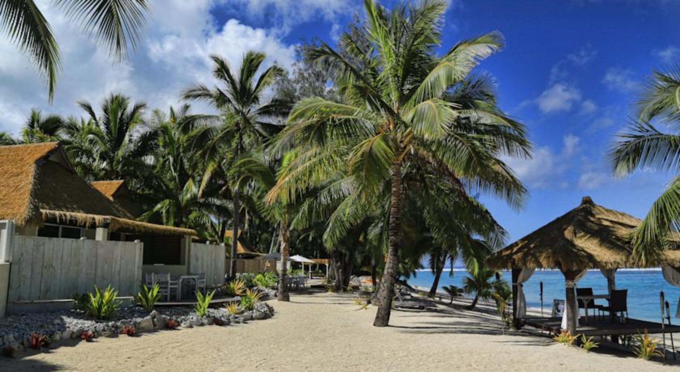 Een strand met palmbomen, een houten hek en constructies met rieten daken.