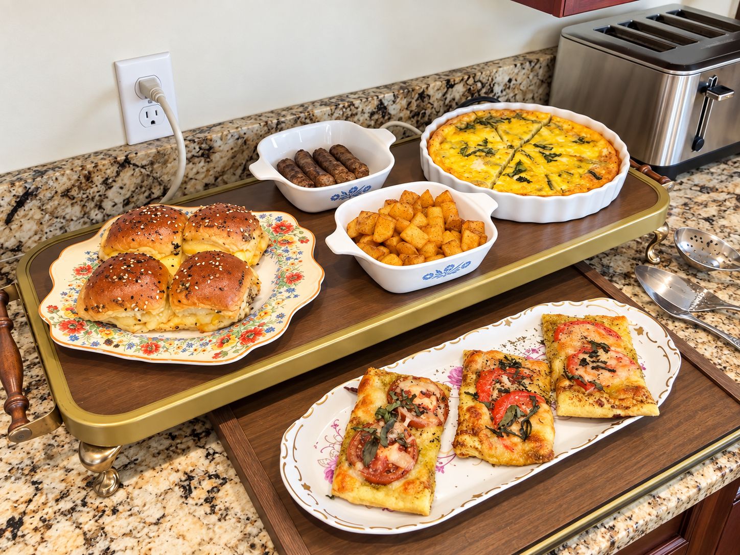 Una encimera de cocina con diversos alimentos, incluyendo una bandeja de bollos, un plato de papas, una quiche y dos pizzas.