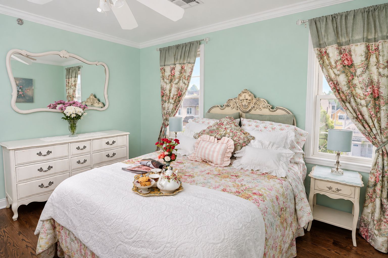 A bedroom with a bed, dresser, mirror, and window with curtains.