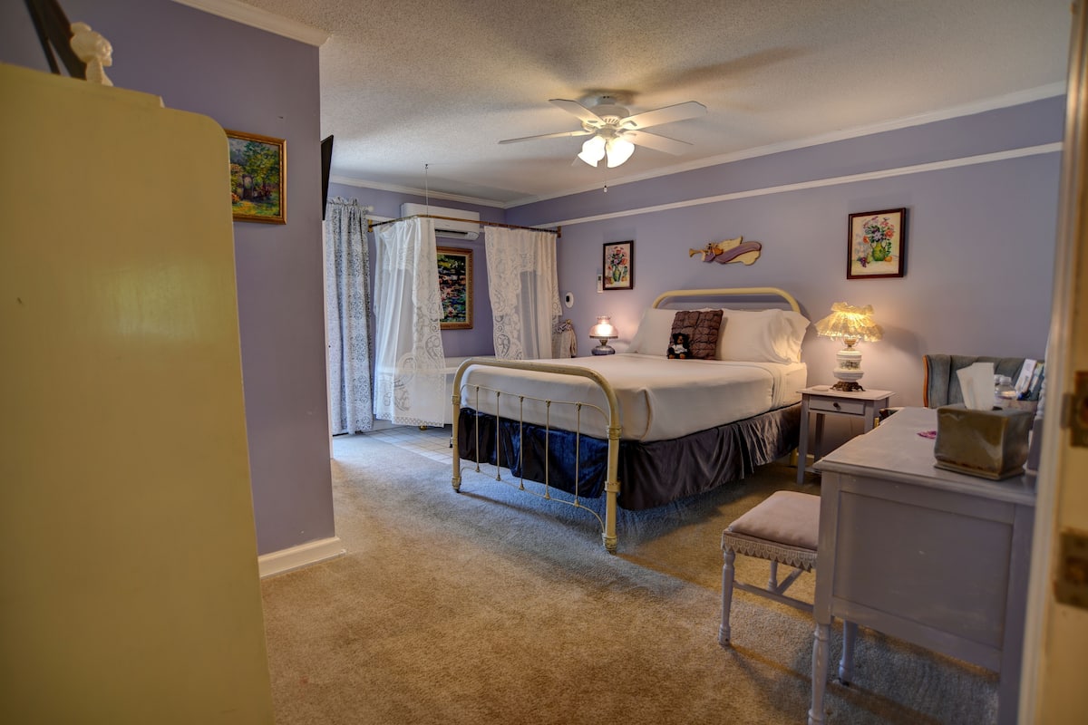 Une chambre à coucher comprenant un lit, une table de chevet, une chaise et un ventilateur de plafond.