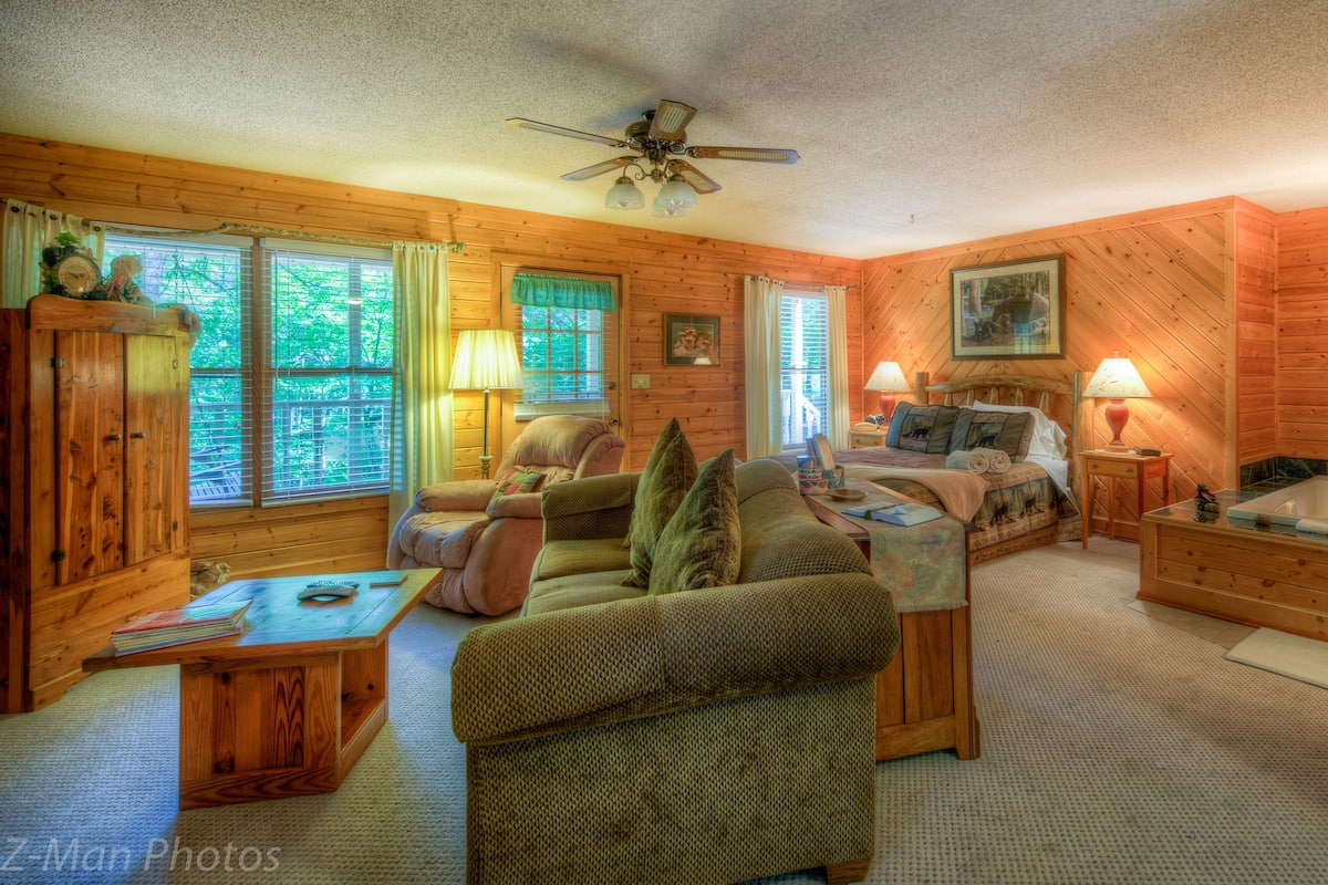 Une chambre confortable, aménagée dans le style d’un chalet, avec un grand lit, un canapé, un fauteuil, une armoire en bois, une baignoire et un ventilateur de plafond.