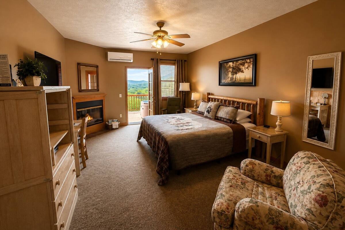 Habitación romántica, 1 cama King size, hidromasaje, vista a la montaña (Newberry Springs) | Ropa de cama de alta calidad y escritorio 
