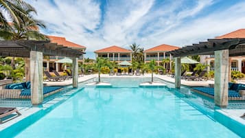 Outdoor pool, pool umbrellas, sun loungers