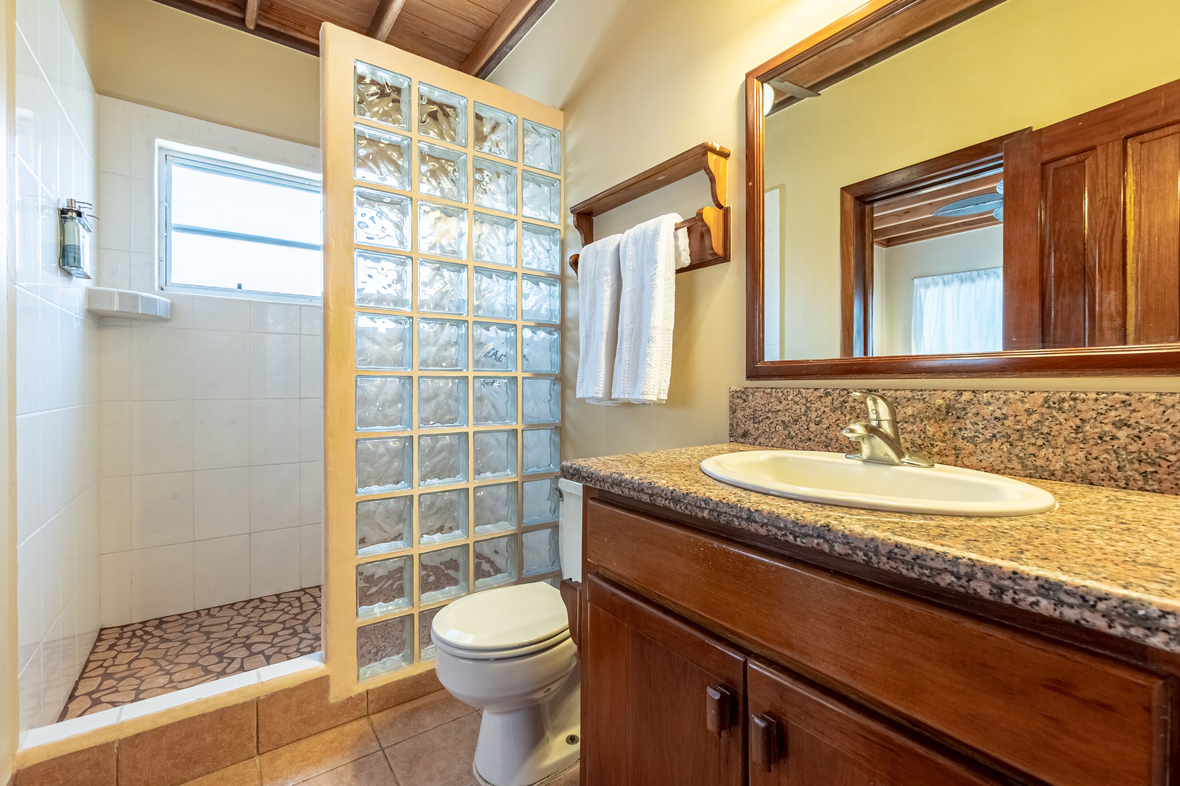 A bathroom with a glass shower enclosure, a white toilet, a granite countertop sink, and wooden cabinets.
