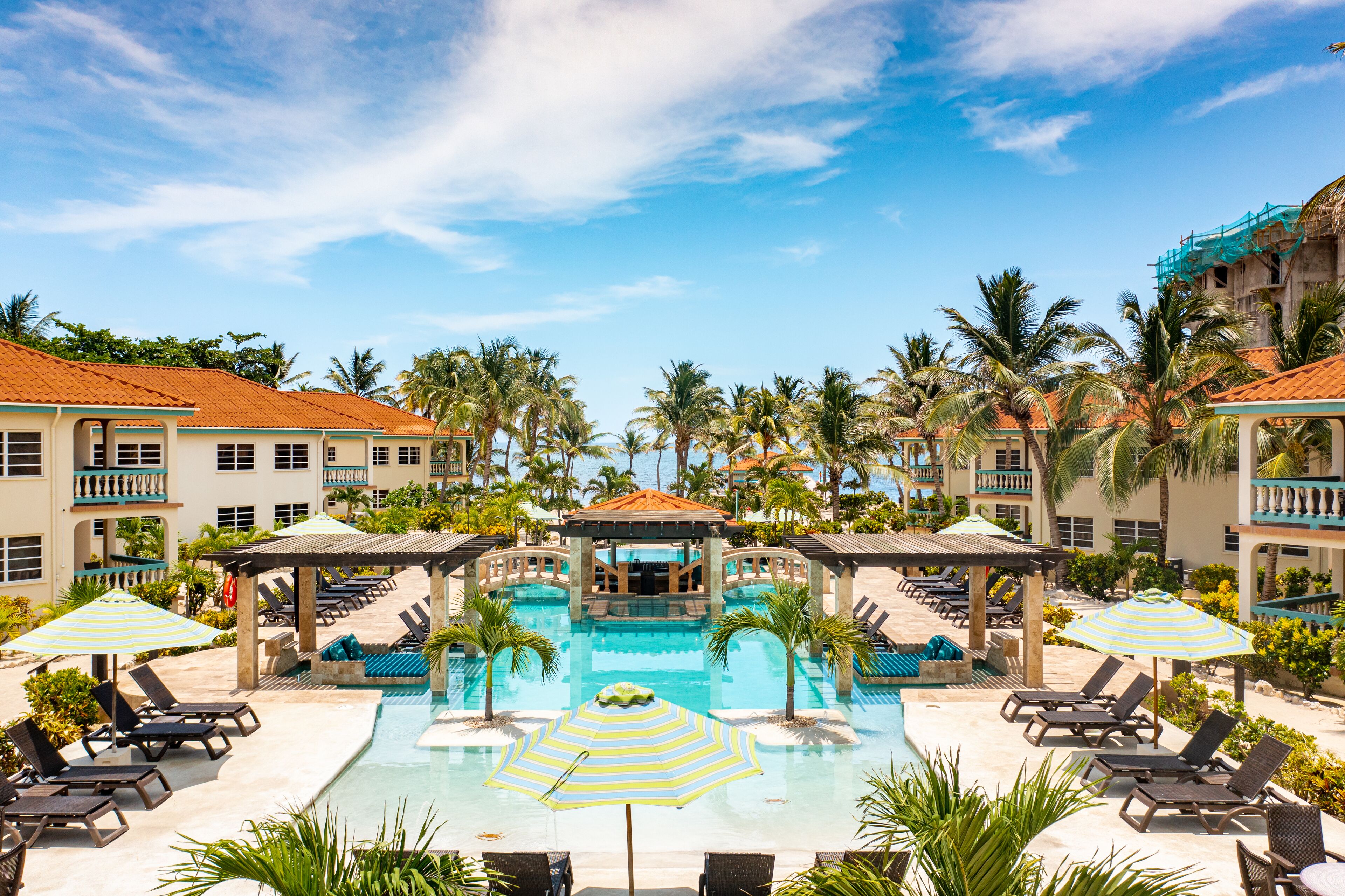 outdoor pool, pool umbrellas, pool loungers