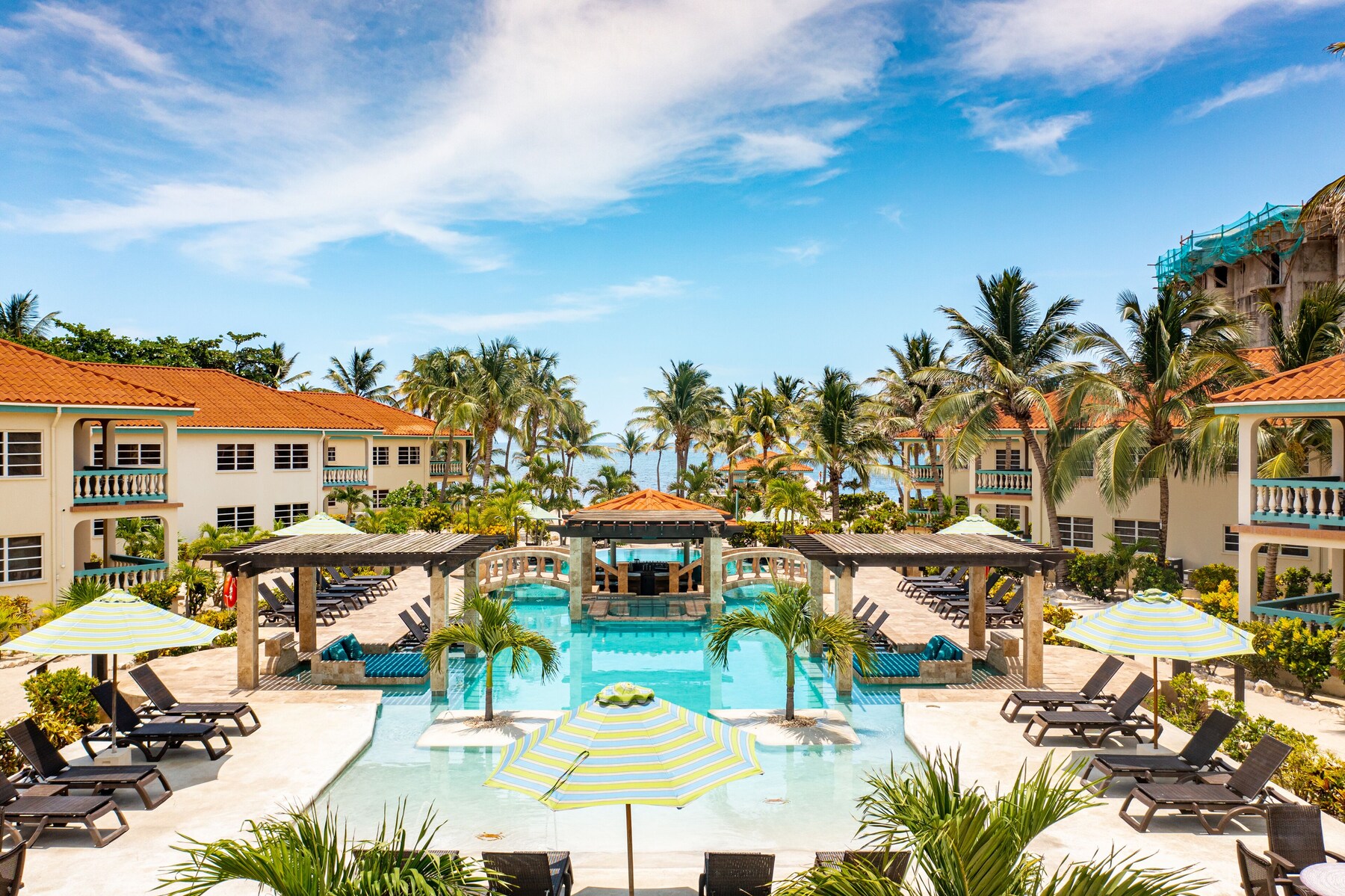 Outdoor pool, pool umbrellas, sun loungers