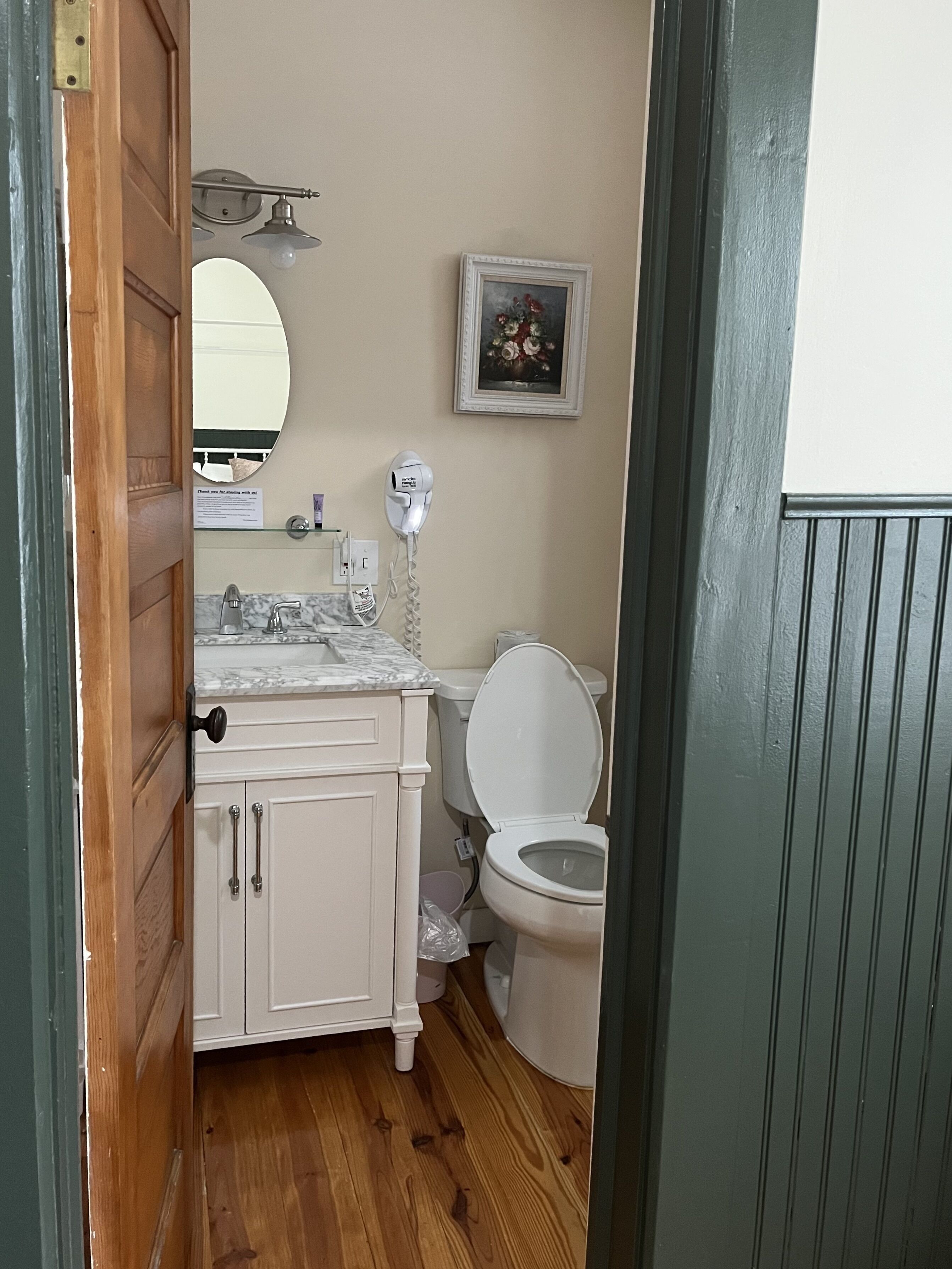A bathroom with a white vanity, a toilet, a hairdryer, and a framed picture on the wall.