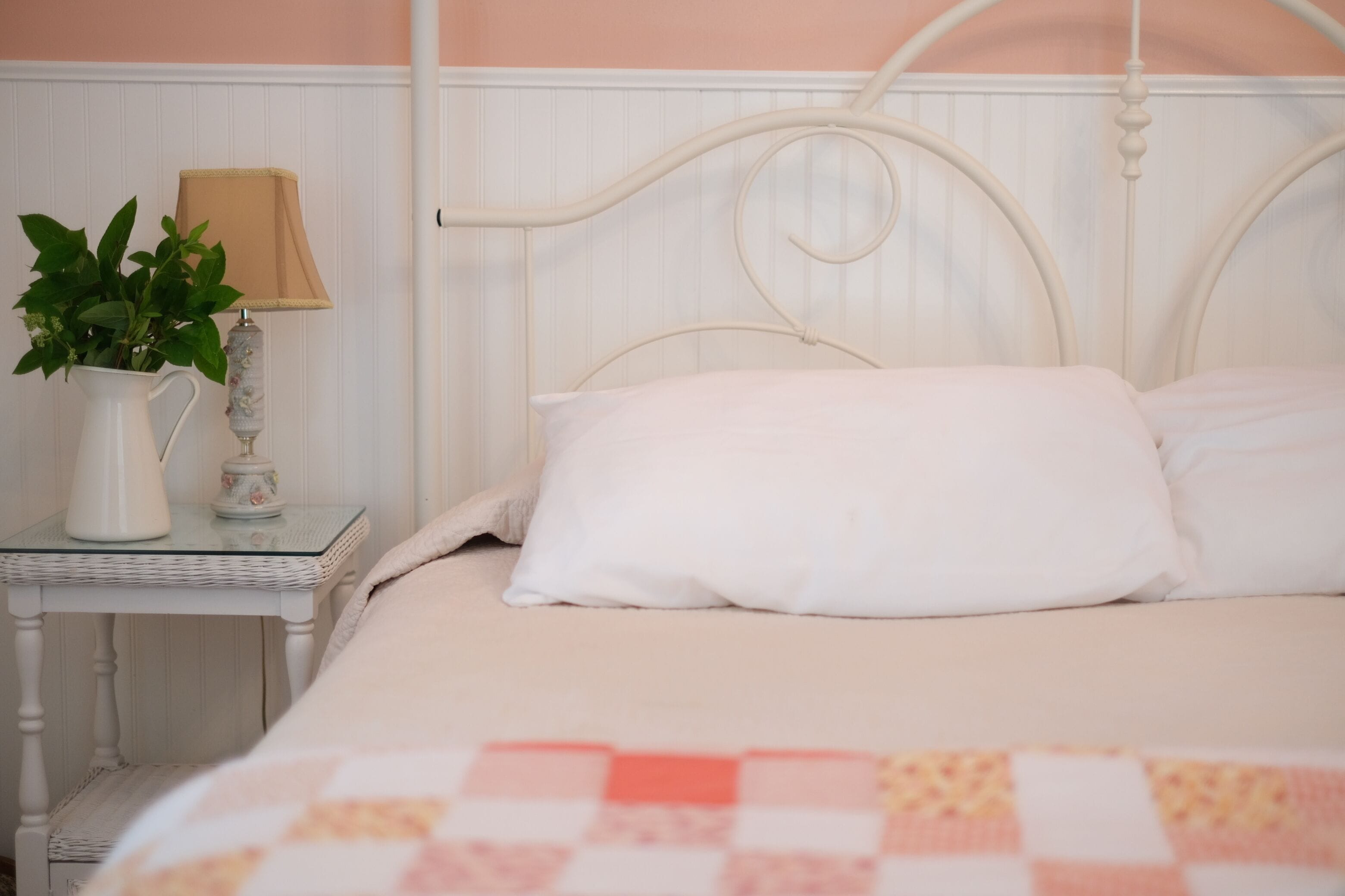 A bed with a white headboard, a bedside table with a lamp, and a potted plant.