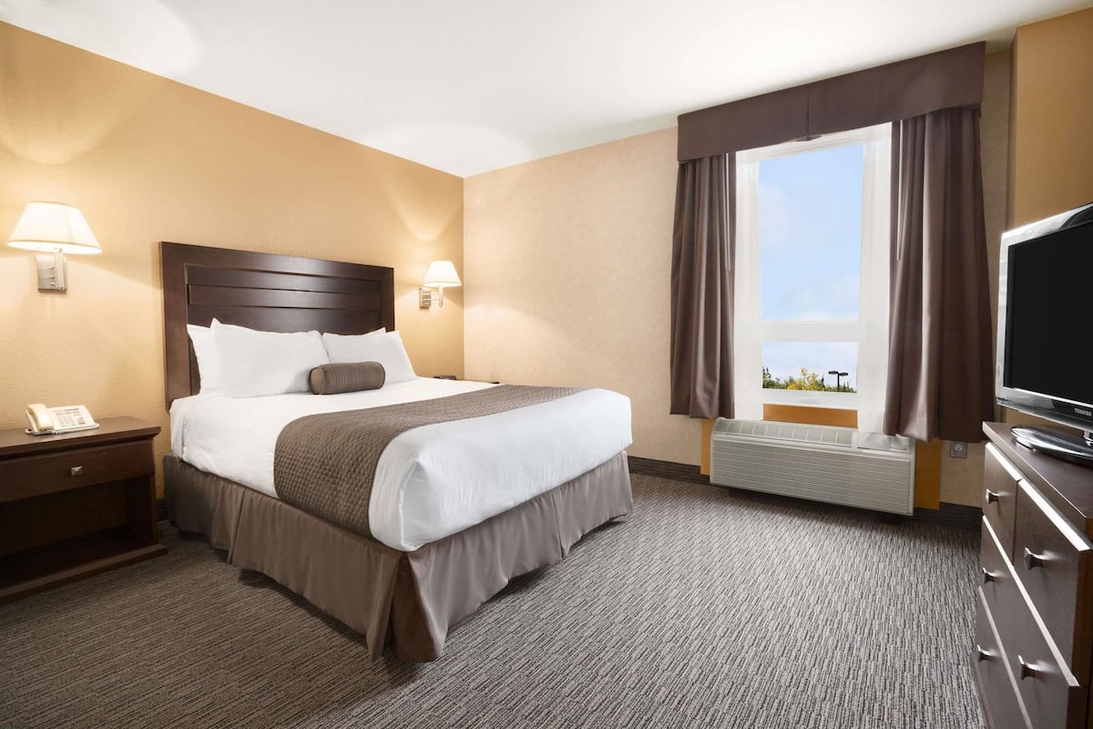 A hotel room with a large bed, two bedside lamps, a TV, a phone, a heater, and a window with curtains.