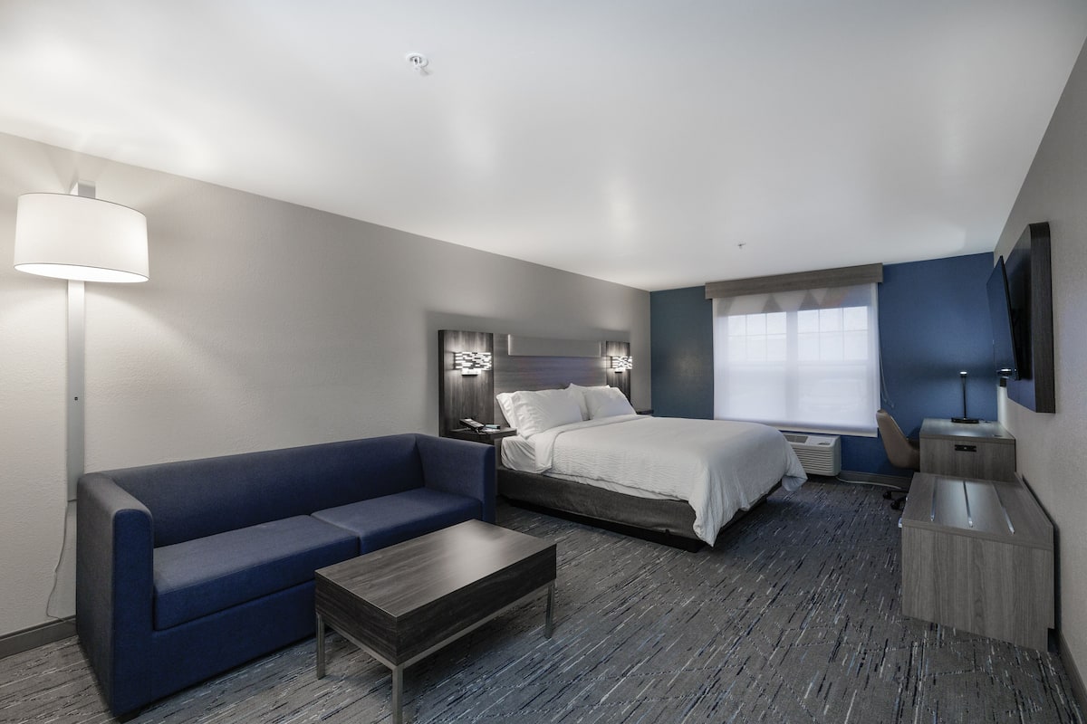 A hotel room with a bed, a sofa, a desk, and a TV.