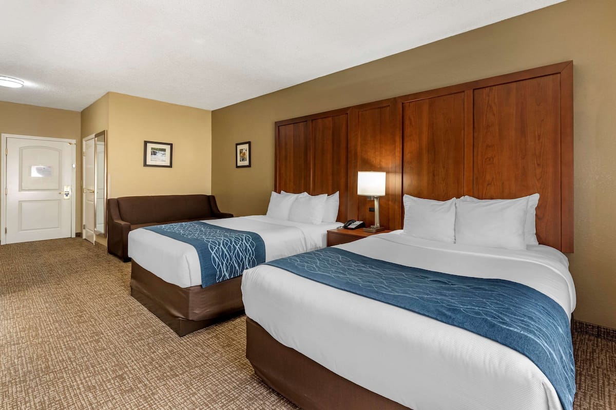 A hotel room with two beds, a wooden headboard, a carpeted floor, and a door.