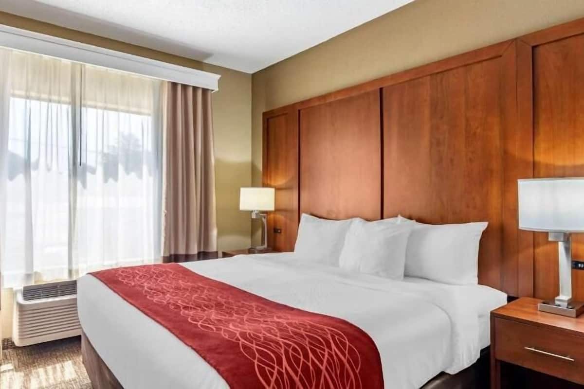 A hotel room with a bed, a nightstand, a lamp, a heater, and a window with curtains.