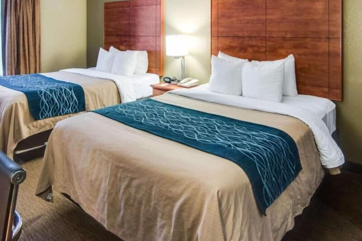 A hotel room with two beds, a nightstand, a lamp, and a chair.