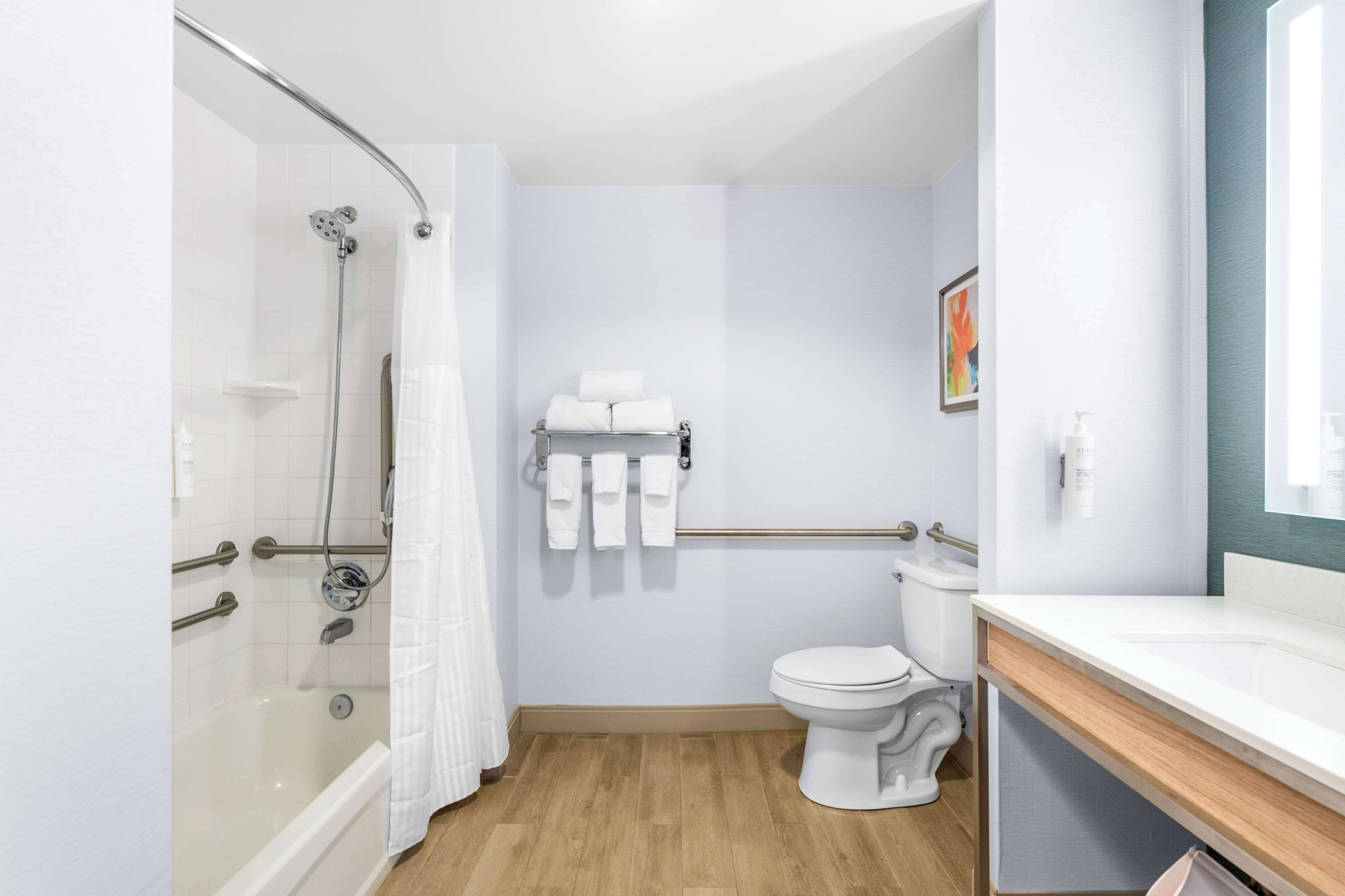 combined shower/bathtub, free toiletries, hair dryer, towels