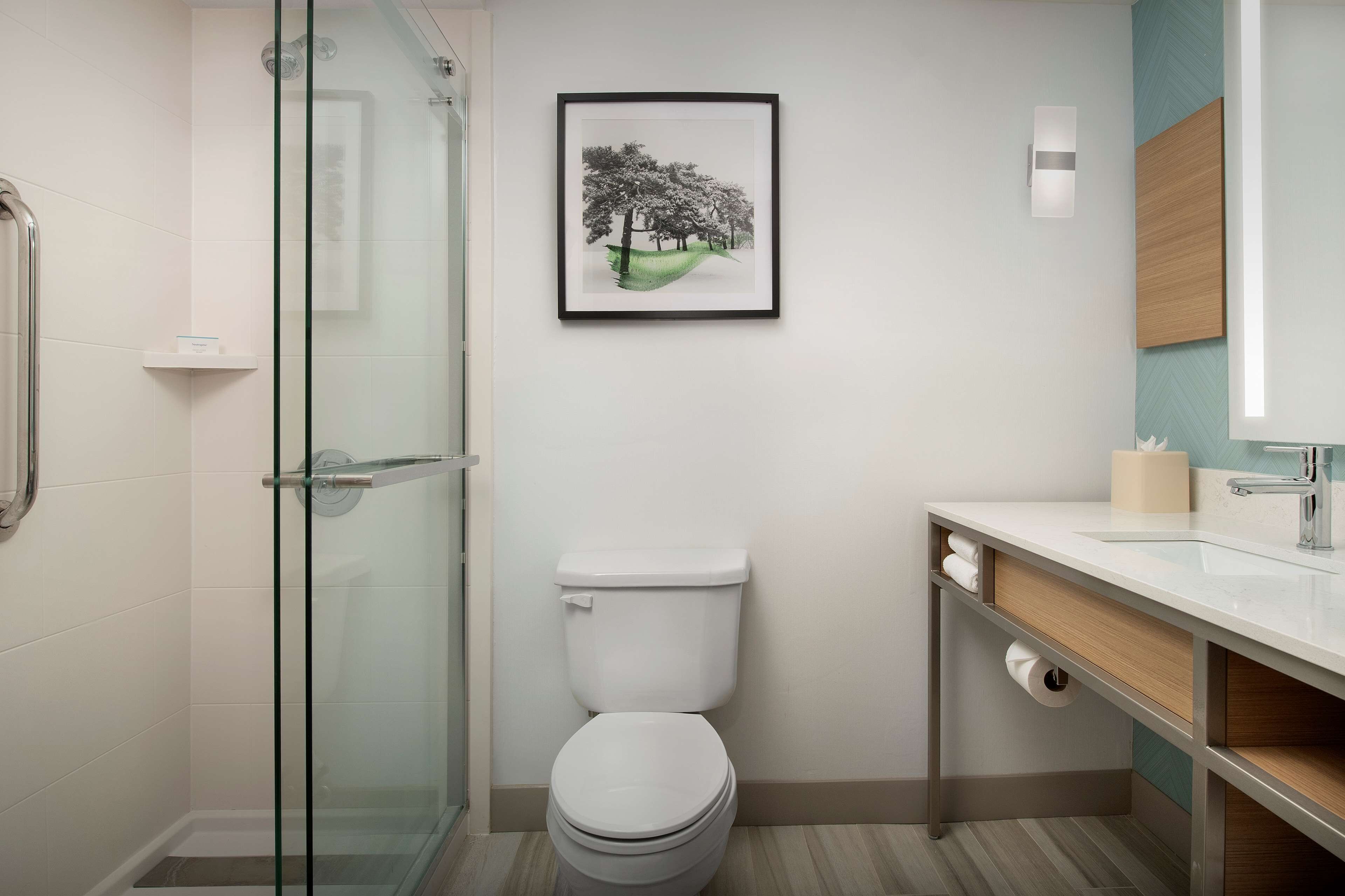 Un bany modern amb dutxa de vidre, vàter blanc i un lavabo amb calaixeria de fusta.