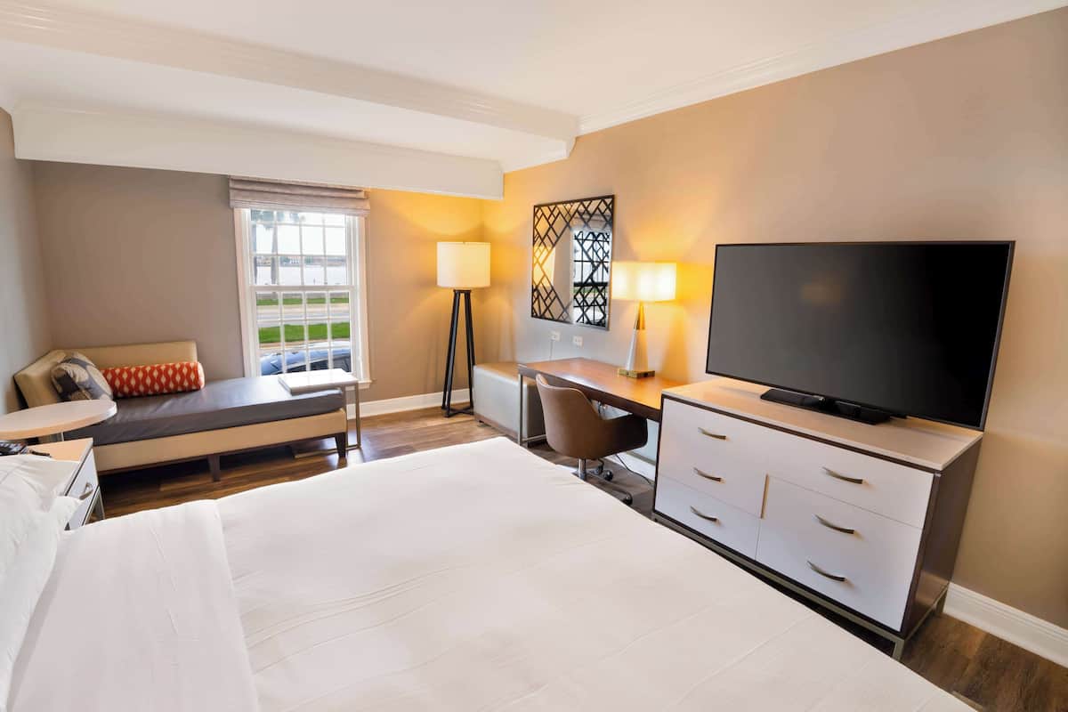 Ett hotellrum med en säng, ett skrivbord, en tv, en stol och ett fönster med utsikt över ett grönskande landskap.