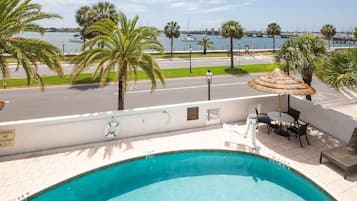 A pool with a view of the marina and palm trees.