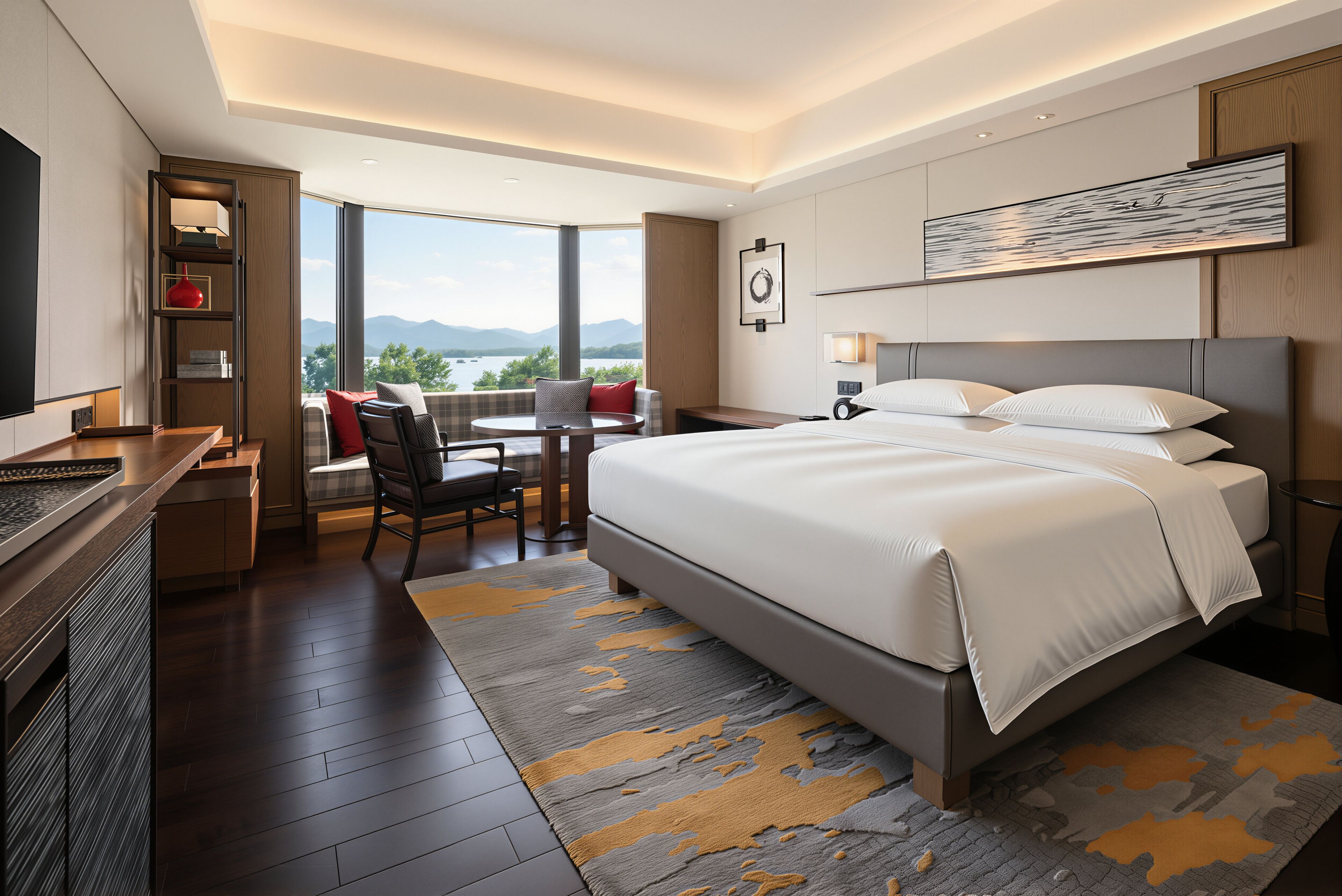 Habitación, 1 cama de matrimonio grande, vistas al lago | Ropa de cama de alta calidad, minibar, caja fuerte y escritorio