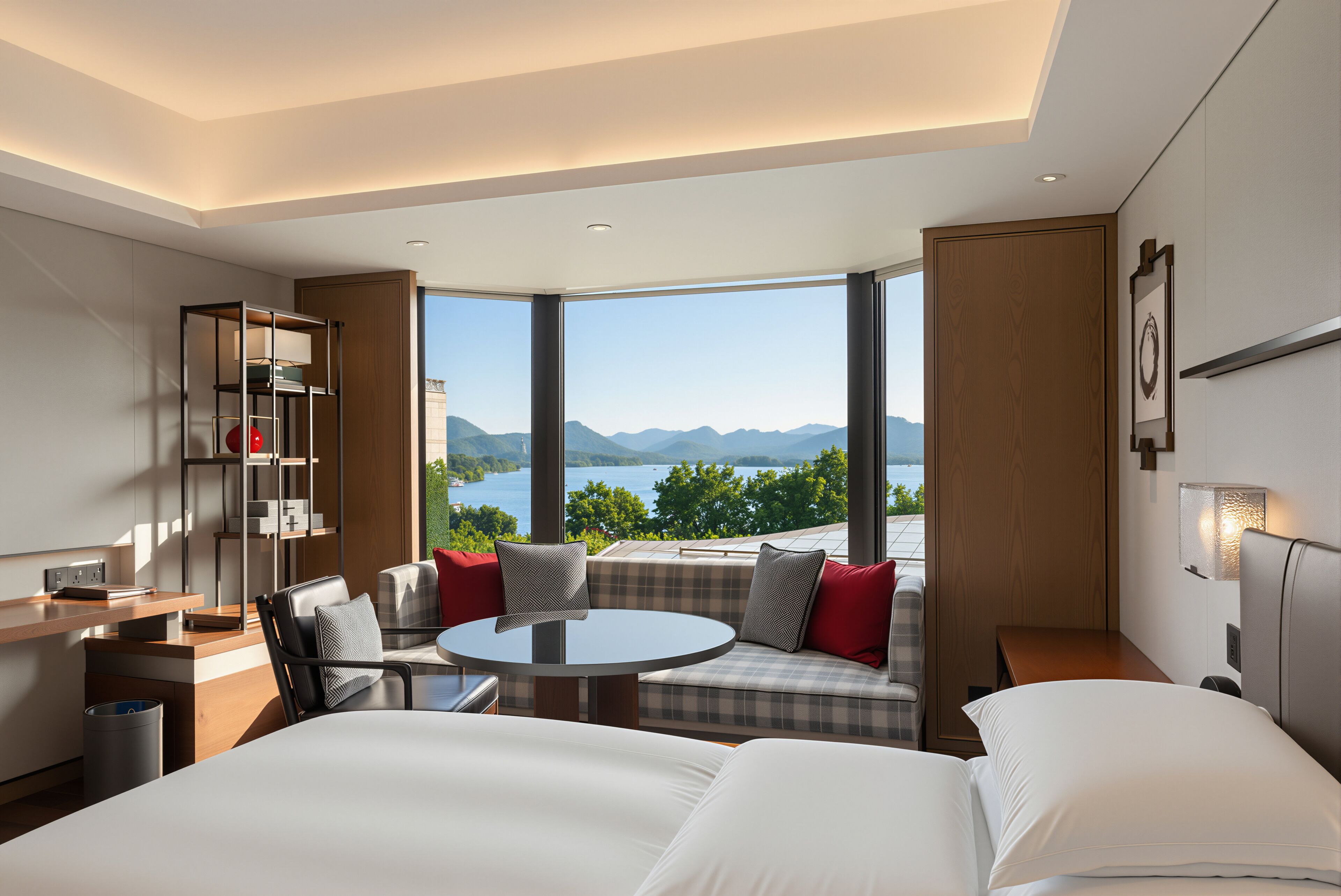 A hotel room with a bed, a seating area with a table, a bookshelf, and a large window offering a view of mountains and a lake.