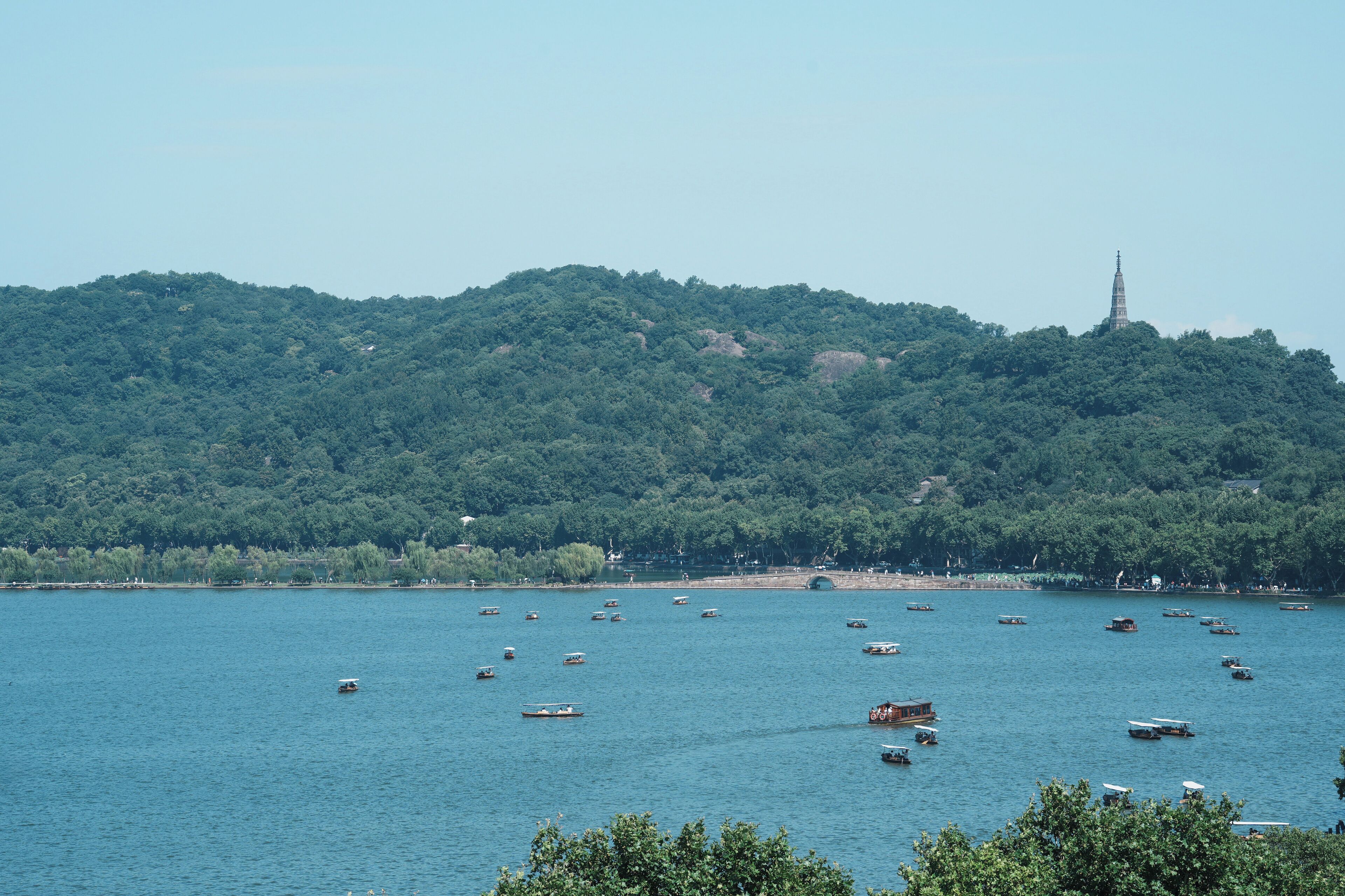 A lake with numerous boats, a bridge, and a forested hill with a tower in the background.