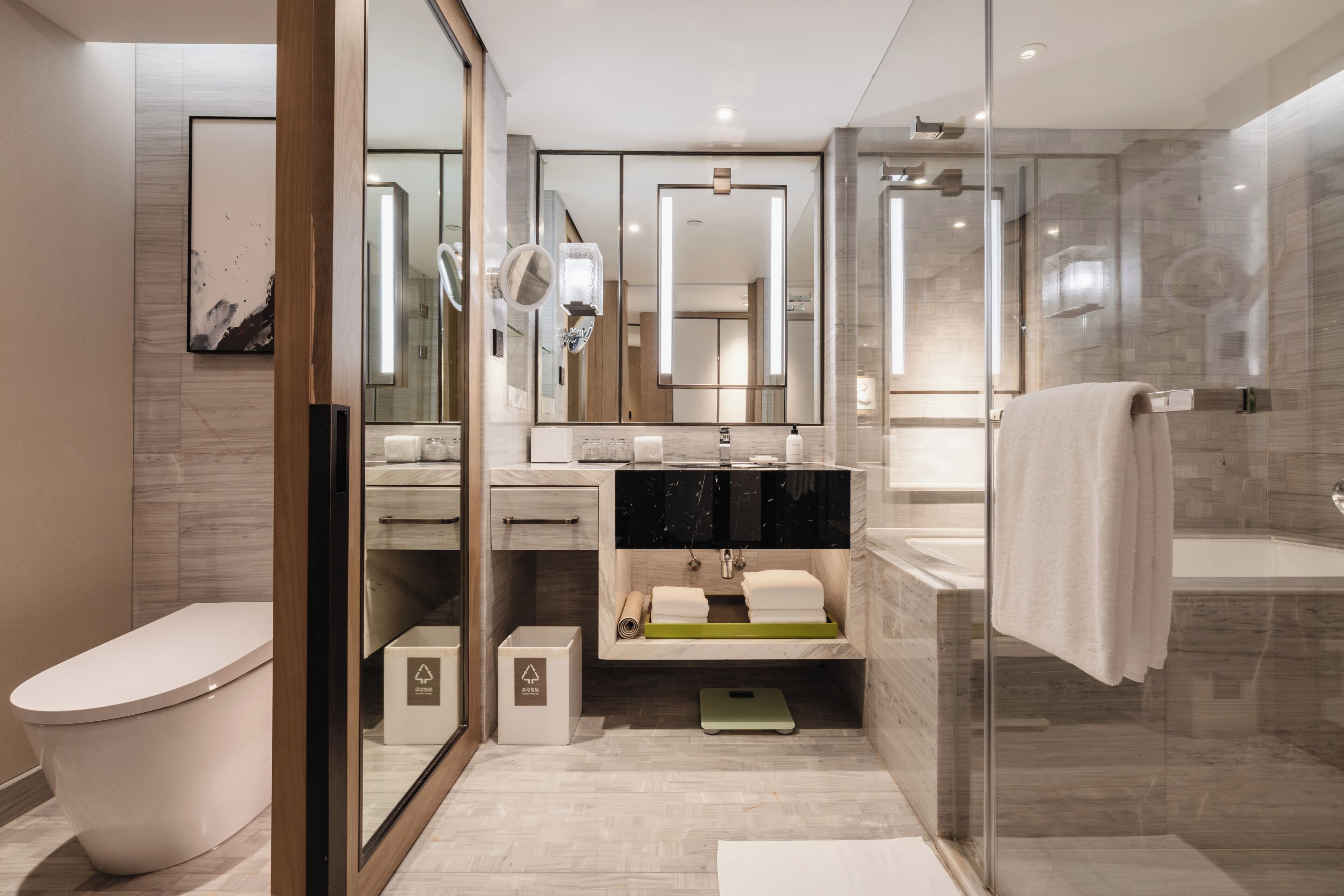 A modern bathroom with a glass-enclosed shower, a toilet, and a vanity with a mirror.