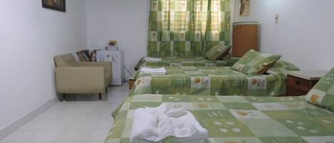 A bedroom with two beds, a small desk, and a chair.
